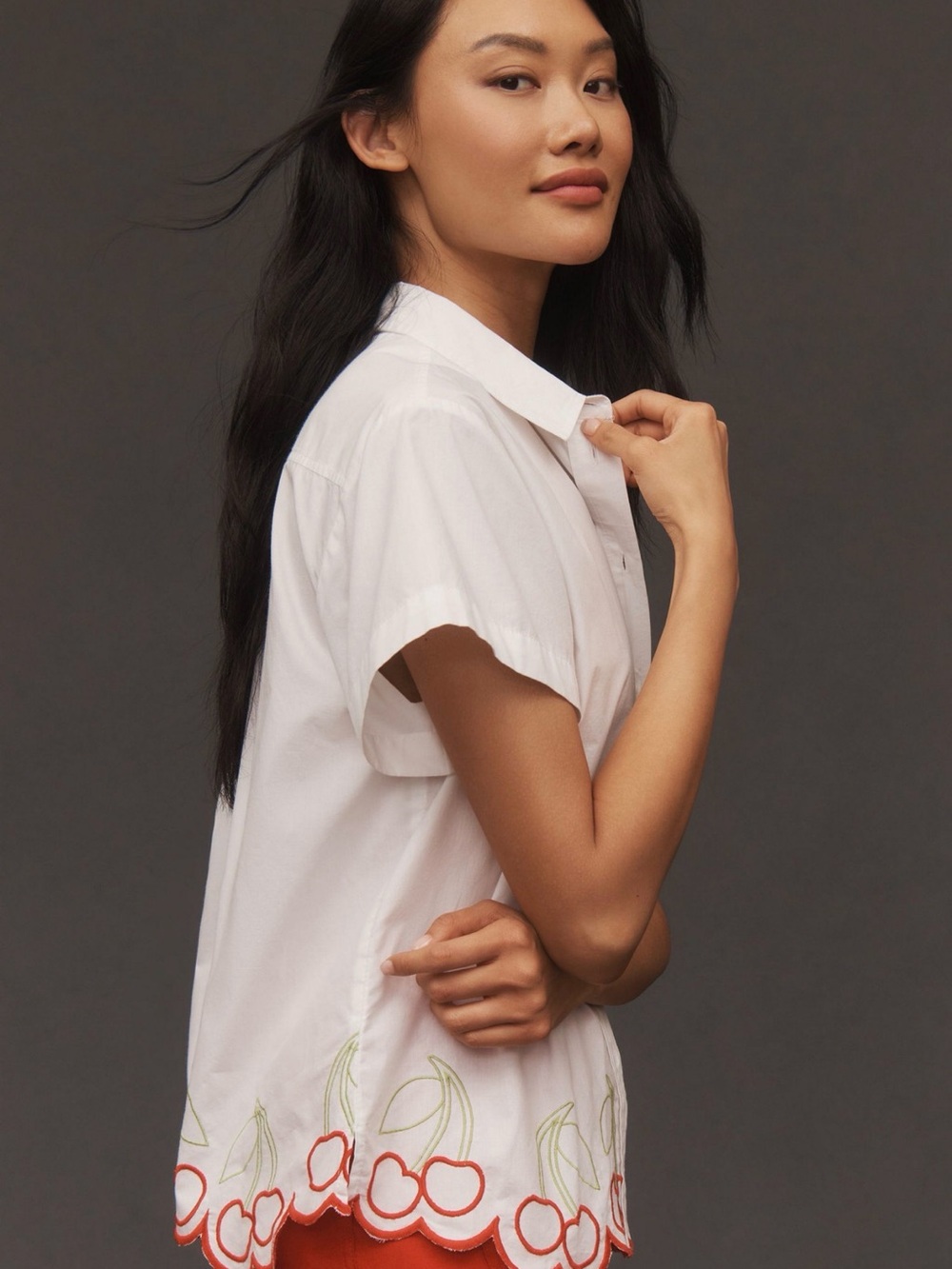 Maeve White Short-Sleeve Button Down Top with Cherry Trim